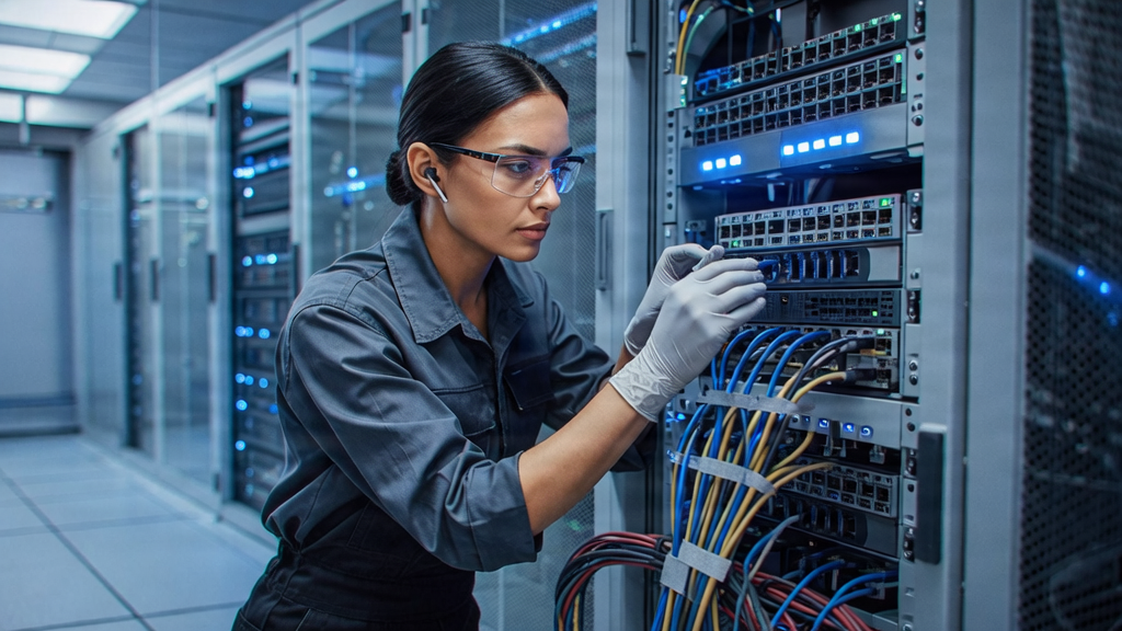 Technicien informatique travaillant sur un serveur dans une salle réseau moderne, éclairage bleu tech.